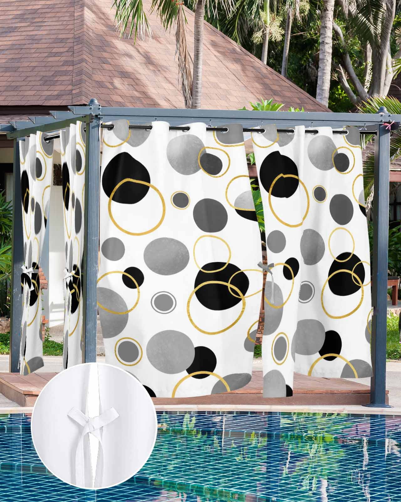Black Polka Dots Outdoor Curtains for Patio, Modern Abstract Art Privacy Drapes Grommet Waterproof Outside Curtains for Porch/Cabana/Balcony 54"x 108", 2 Panel