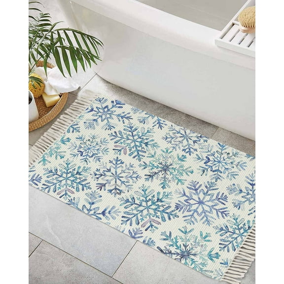 Blue Snowflake Christmas Bath Rug 2x3ft Woven Bathroom Entryway Runner Rug,Xmas Winter Snowflake Washable Living Room Hallway Bedroom Kitchen Carpet with Tassels,Indoor Outdoor Throw Doormat