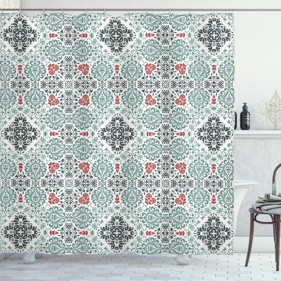 Vintage Shower Curtain, Ornamental Composition with Floral Elements Curlicues, Fabric Bathroom Set with Hooks, 69"W X 75"L Long, Seafoam Dark Coral and Charcoal Grey, by Ambesonne