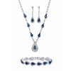 PalmBeach Jewelry Pear-Cut Simulated Blue Sapphire and White Crystal Halo Earrings, Necklace and Bracelet Set 46.65 TCW in Silvertone 13"-17"