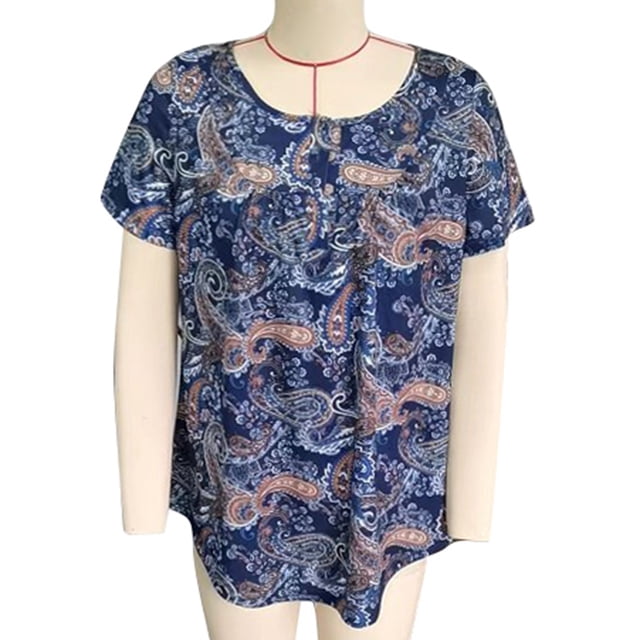 Blusa de verano de manga corta para mujer para uso diario, blusa plisada estampada azul M con botones delanteros