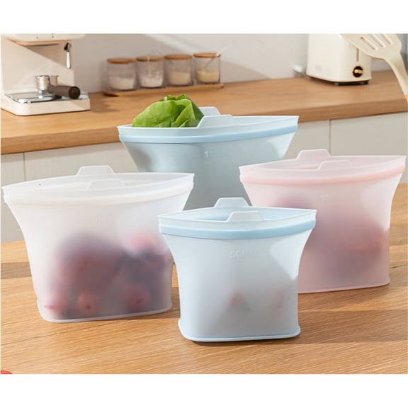 YINGLI 4-Pack Reusable Silicone Food Storage Bags, Stand-Up Airtight Seal Pouches with Snap-Lock, Leak-Proof for Fridge, Freezer & Microwave - Blue/White/Pink