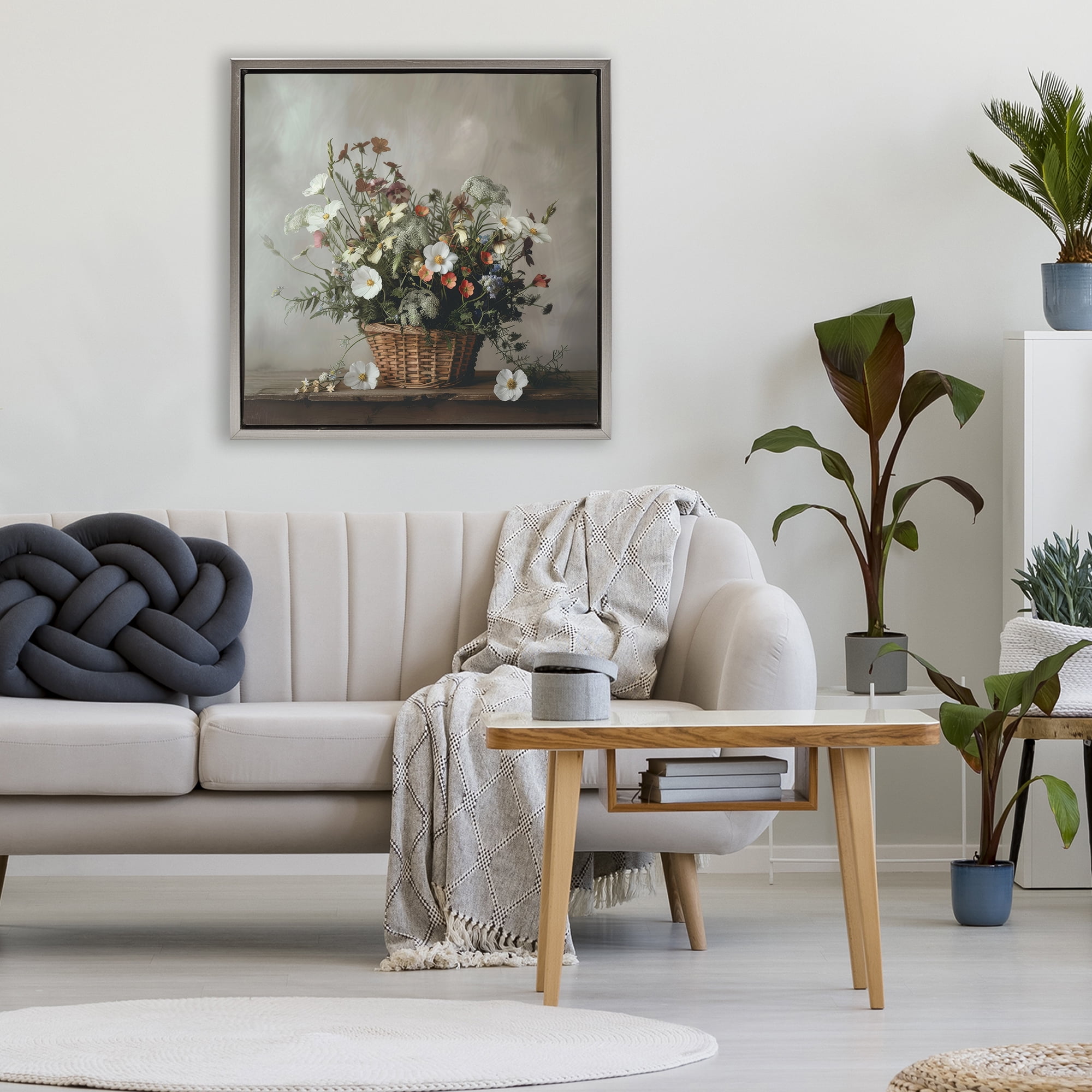 Stupell Industries Flowers In A Basket Arrangement Gray Framed Floater Canvas Wall Art, design by Lazar Studio