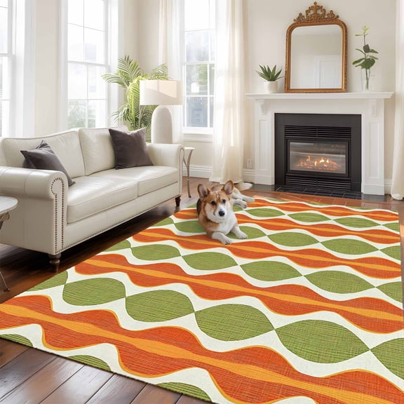 6'x9' Area Rugs, Orange Green Geometric Indoor Outdoor Area Rug for Living Room Bedroom, Abstract Moire Modern Vintage Washable Bathroom Rugs Kitchen Floor Carpet Mats Home Decor Aesthetic