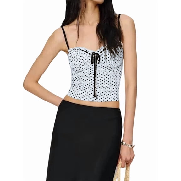 Women'S Summer Polka Dots Camis Top Ruched Tie Front Spaghetti Strap Going Out Tops White M