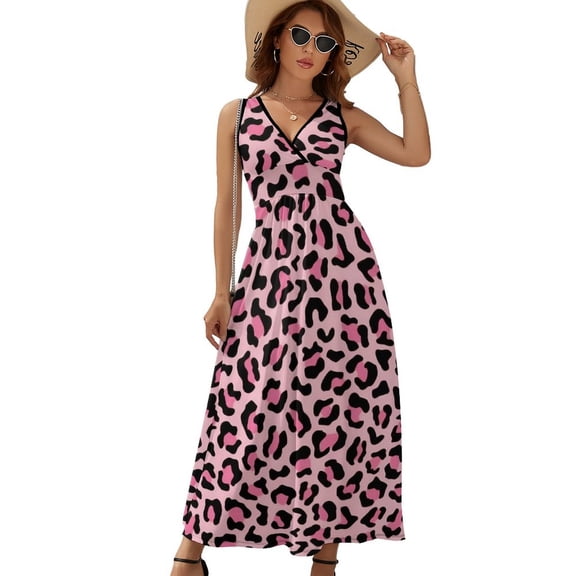 Pink Leopard Print Womens Night Club Maxi Dress V Neck Sleeveless Bohemia Long Dresses