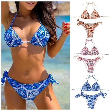 kaioher Deep V-neck Ruffle Trim Sexy Bikini Set Back Bandage Chili Print Halter Bra Low Waist Briefs Swimsuit for Swimming Pool