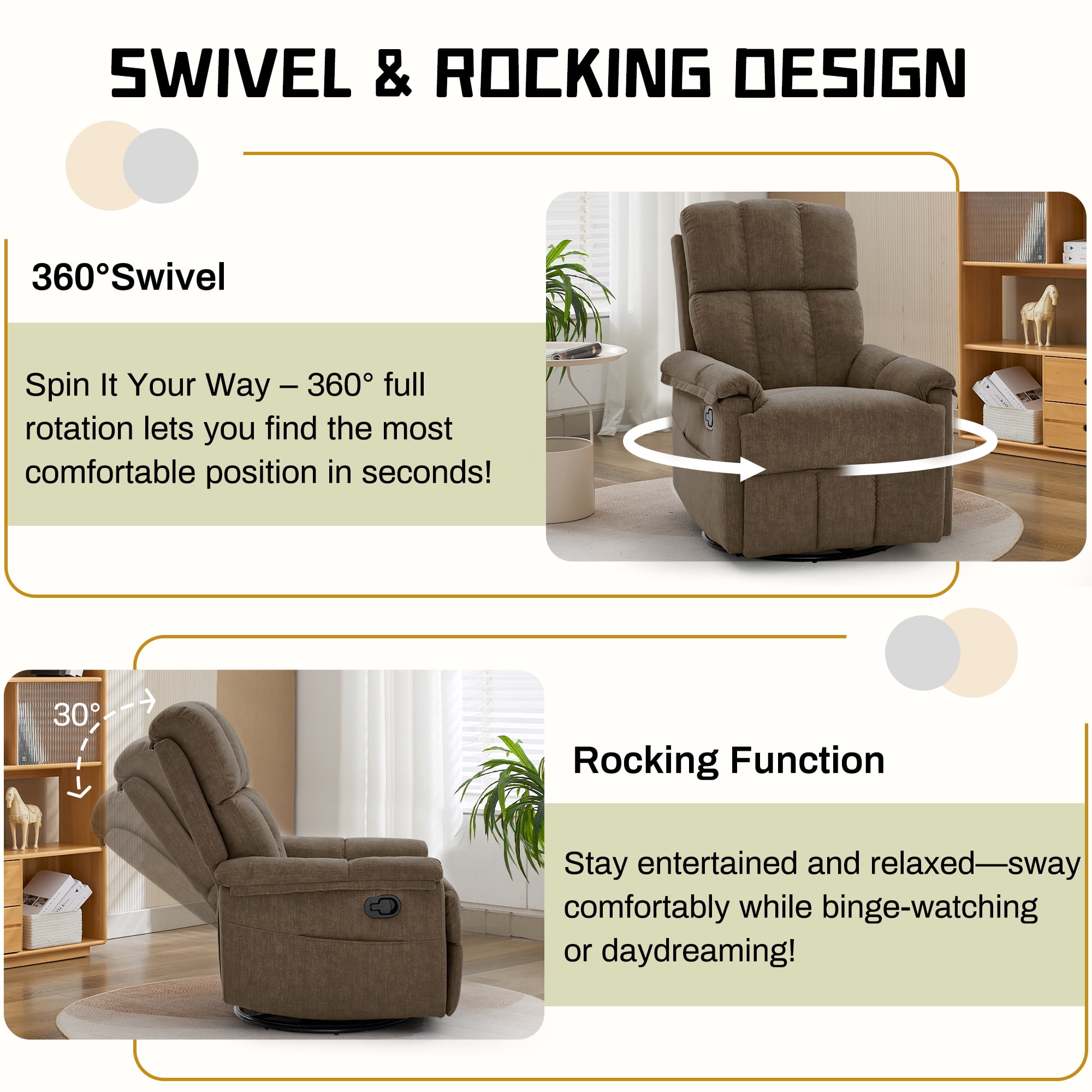 Korser 360°Swivel Recliner Chair for Adults with Side Pockets,Small Rocking Recliner for Small Spaces for Living Room,Nursery,Brown