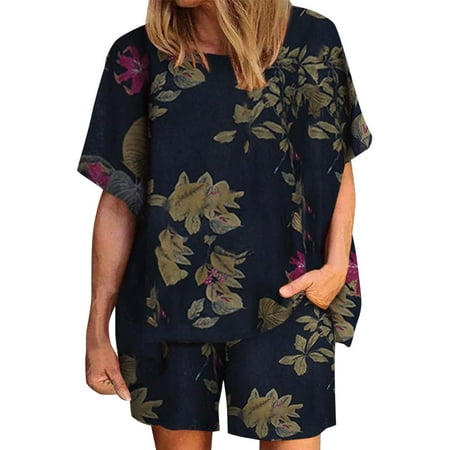 

Ladies Loose Casual Round Neck Print Cotton Linen Two Piece Shorts Suit womens rompers and jumpsuits