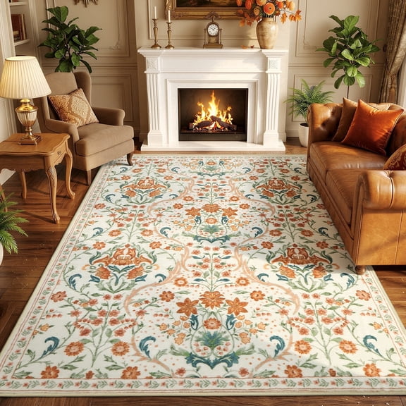WANLISELL 6'x9' Floral Area Rug, Machine Washable Rug with Non Slip Backing, Indoor Large Carpets for Living Room Bedroom Dining Room Office Deco, Beige Orange