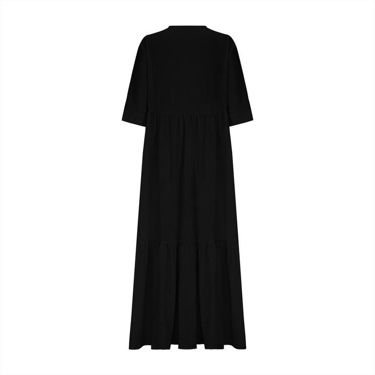 Xunkusga Women Summer Dresses Soft Linen-Cotton Womens Sundresses Casual V-Neck 3/4 Sleeve Maxi Dress Loose Comfortable Flowy Dresses for Women Soild
