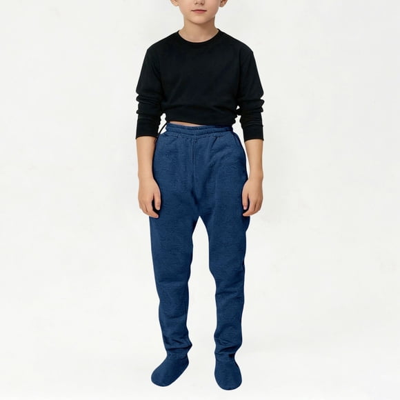 PMVFHDE Boys Winter Thermal Pants with Footies and Pockets for Indoor Outdoor Play - Comfortable Casual Jogger Sweatpants for Everyday Kids Navy,11-12 Years