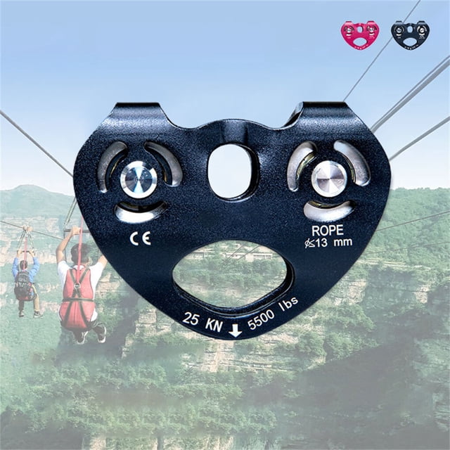 Zip Line Trolley Double Pulleys Hanging Device Caving Rock Climbing Equipment Tool Rope Fixator 25KN Tandem Wheels Climbing Pulley for Outdoor Use Black