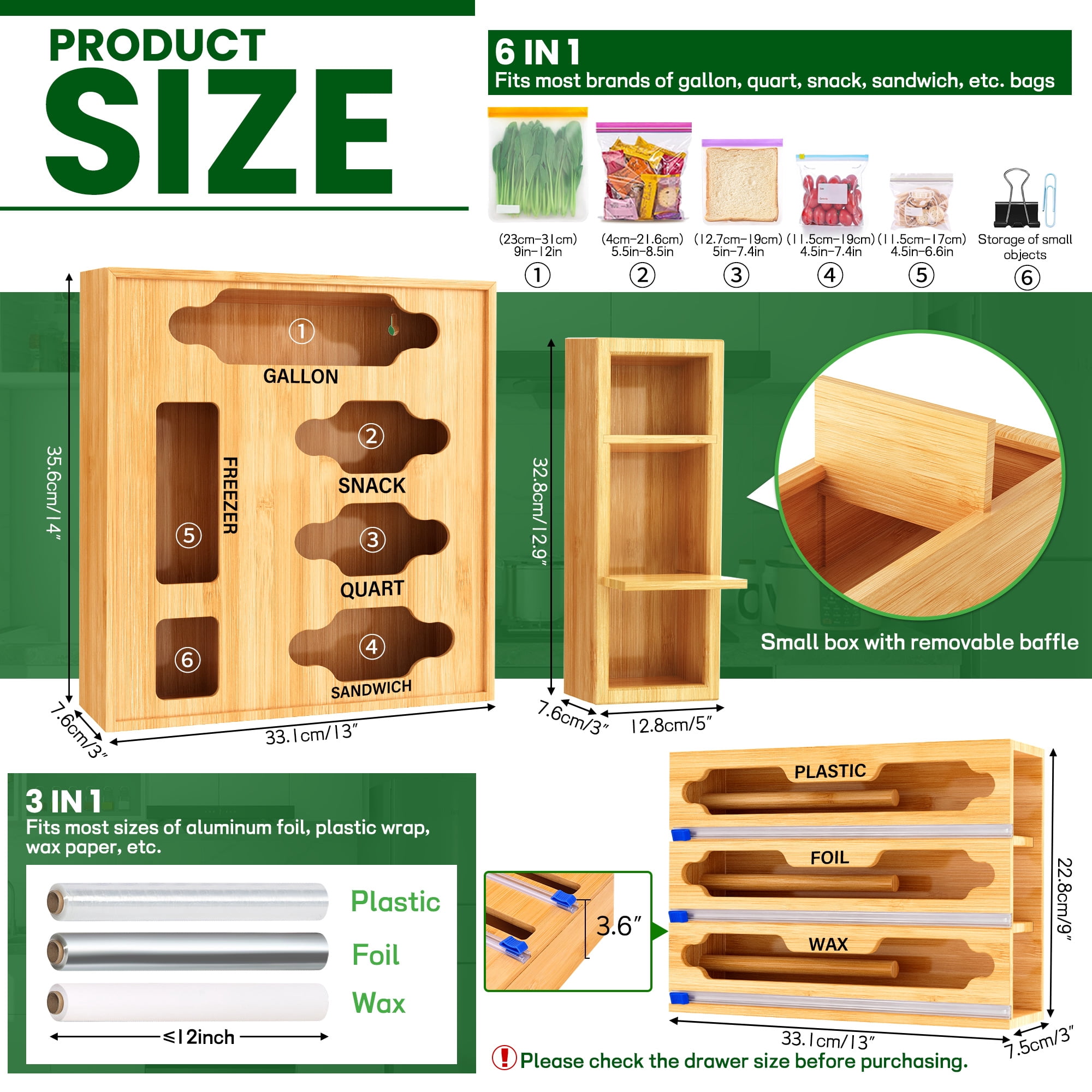 Bamboo Food Bag Organizer with Cutter, 9 in 1 Baggie Organizer for Drawer, Storage Bag Organizer Kitchen, Aluminum Foil and Plastic Wrap Organizer for Gallon Quart Sandwich Bags & 12" Rolls