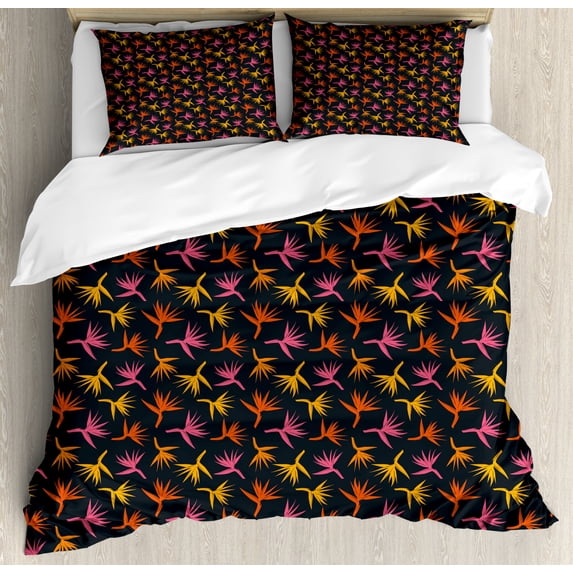 Tropical Duvet Cover Set Queen Size, Exotic Birds of Paradise Flower Silhouettes Hawaii Nature, Decorative 3 Piece Bedding Set with 2 Pillow Shams, Dark Blue Orange, by Ambesonne