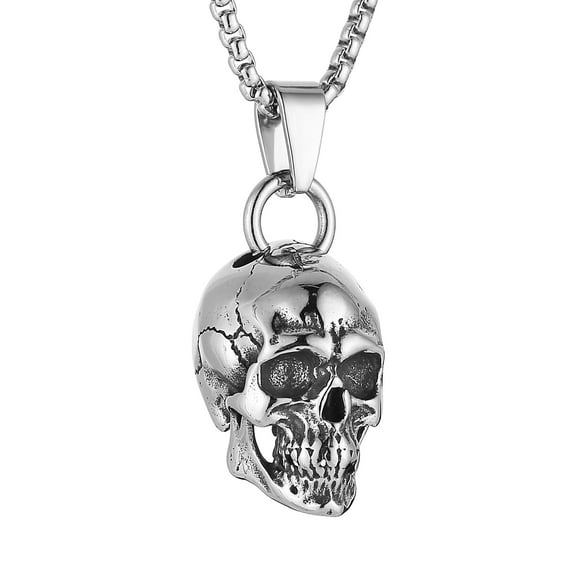 HZMAN Skull Necklace for Men Biker Stainless Steel Heavy Metal Gothic Skull Head Pendant Halloween Jewelry Gift