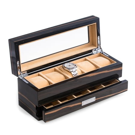 Lacquered "Ebony" Wood 5 Watch Box with Glass Top & 5 Compartment Accessory Drawer and Chrome Accents.