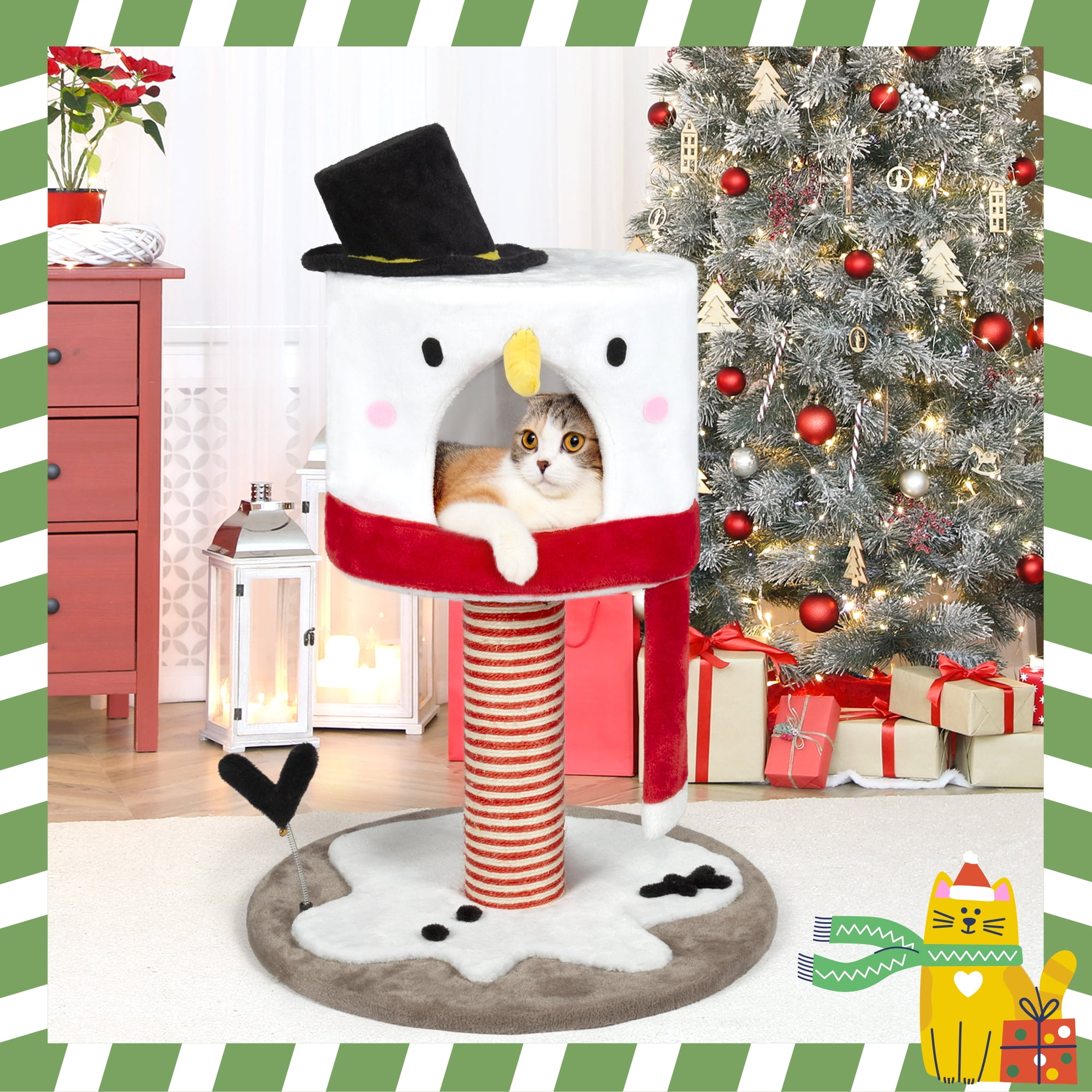 LHBCraft Christmas Cat Tree, 35" Multi-Level Cat Tower with Cat Condos, Top Perches, Sisal Ramp Scratching Posts, Cozy Basket, Hammocks, Large Cat Pet Activity Structure