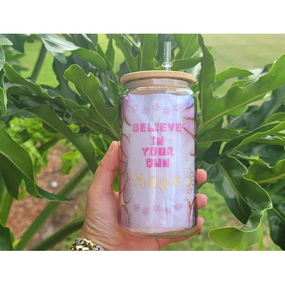 Daisy Cup Iced Coffee Cup Glass - Retro Flower Glass Jar - Believe