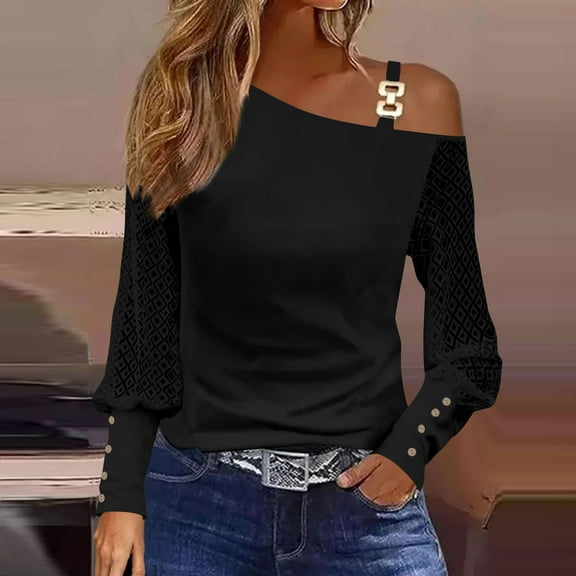 AXXD Black Basic Shirts for Women Summer 2024 Trendy Casual One Shoulder Drop Shoulder Pullover Long Sleeve Top