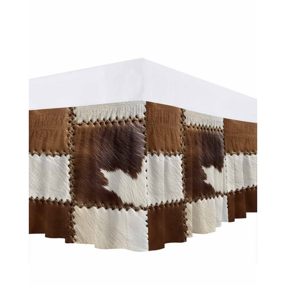 Cow Cowhide Bed Skirt King Size 18" Drop Abstract Brown Seam Leather Ruffled Wrap Around Bed Skirts Adjustable Elastic Bedskirt Dust Ruffle for King Size Bed
