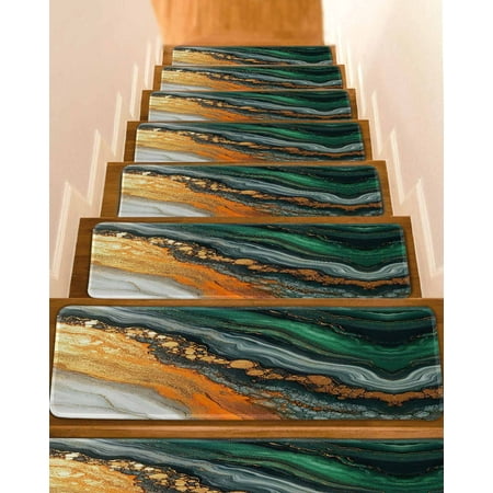 Teal Orange Marble Stair Treads for Wooden Steps Indoor Runner Rug Carpet Modern Ink Painting Abstract 15 Pieces Peel and Stick Staircase Step Treads Covers Washable Throw Door Mats 30 x8