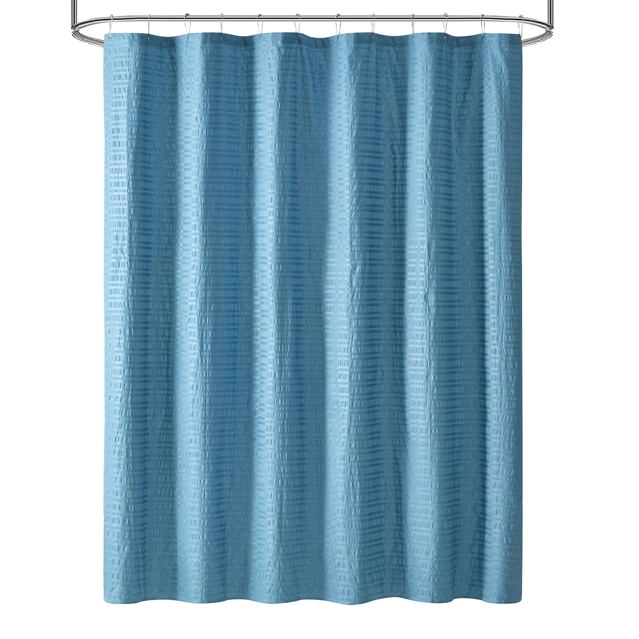 Mainstays 16-Piece Blue Textured Solid Shower Curtain Bathroom Set – Fabric Curtain with Rug, Hooks, Soap Pump & Tray