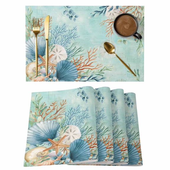 Teal Beach Coastal Placemats Set of 12 Summer Nautical Coral Shell Botanical Place Mats Indoor Wipeable Table Mats Washable Dining Table Placemats for Kitchen Holiday Party Home Decor 13x19 Inch