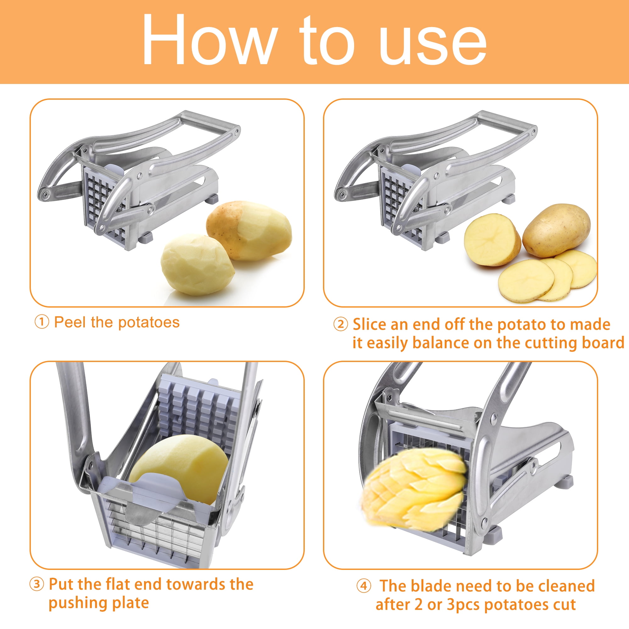 French Fry Cutter, Professional Home Style Potato Cutter Fry Cutter Onion  Chopper Apple Slicer Corer Great for Potatoes Carrots Cucumbers 2 Blades