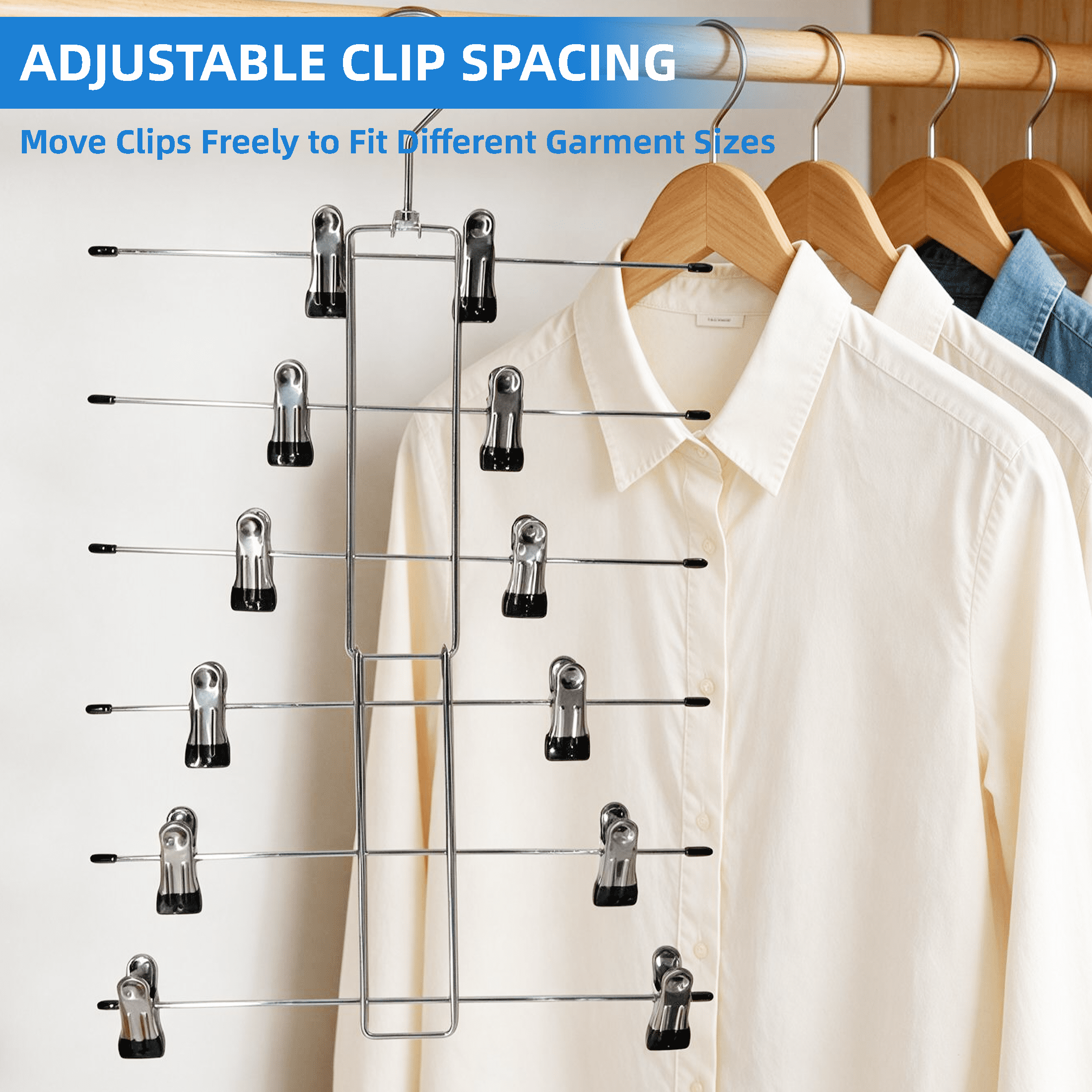 GARITIN 2 Pack Pants Hangers, 6 Tier Skirt Hangers with Non Slip Clips, Foldable Metal Clothes Hanger Organizer for Closet