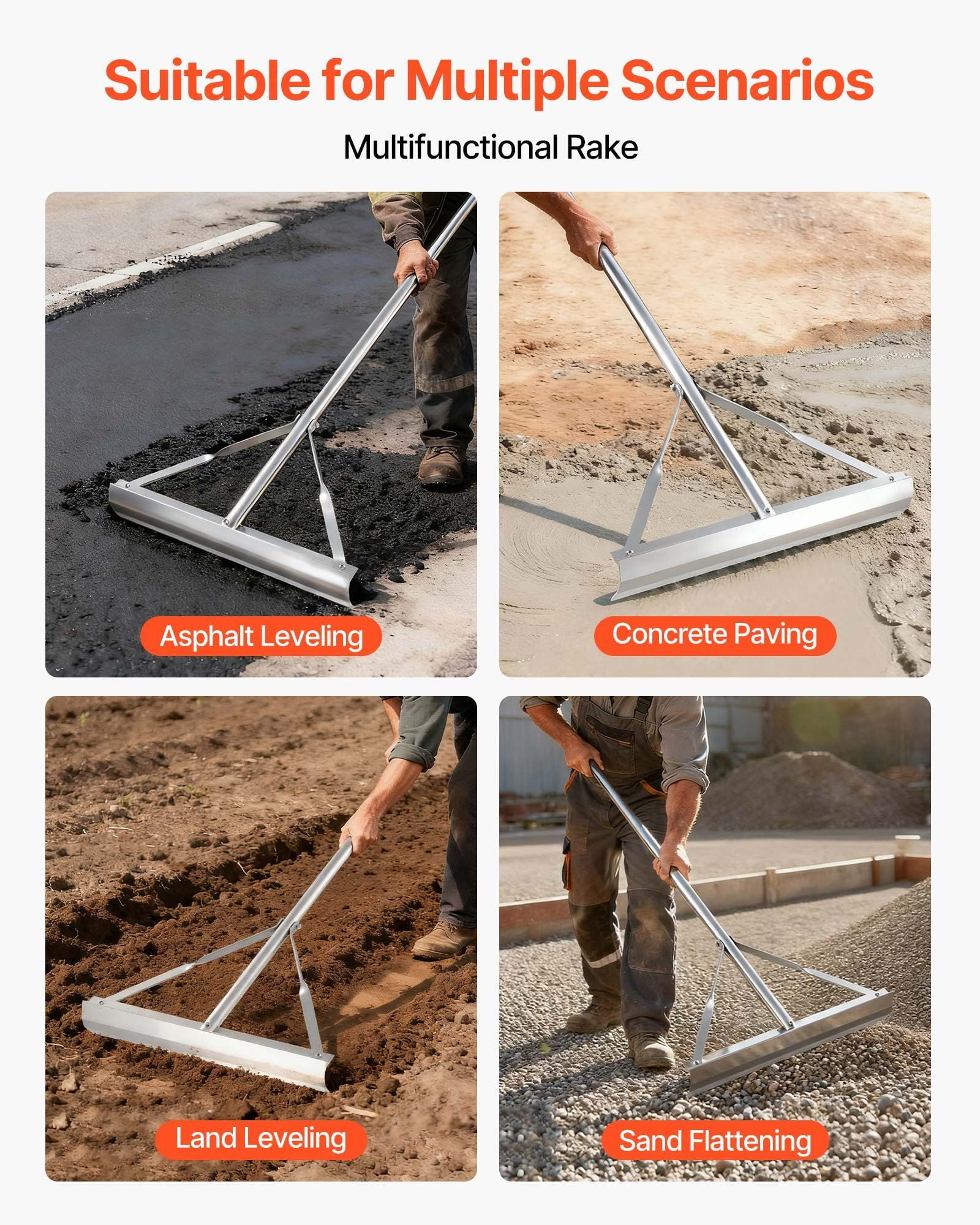 Landscape Rake, 60 inch Handle 20 inch Wide Head, Large Heavy Duty Aluminum Landscaping Level, Asphalt Rake Tool for Asphalt & Land Leveling, Concrete Paving, Sand Flattening, No Teeth