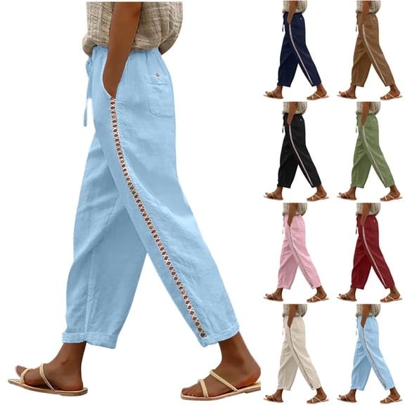 Miluxas Women's Side Lace Hollow Casual Pants Drawstring High Waist Wide Leg Tapered Pants with Pockets office Streetwear White