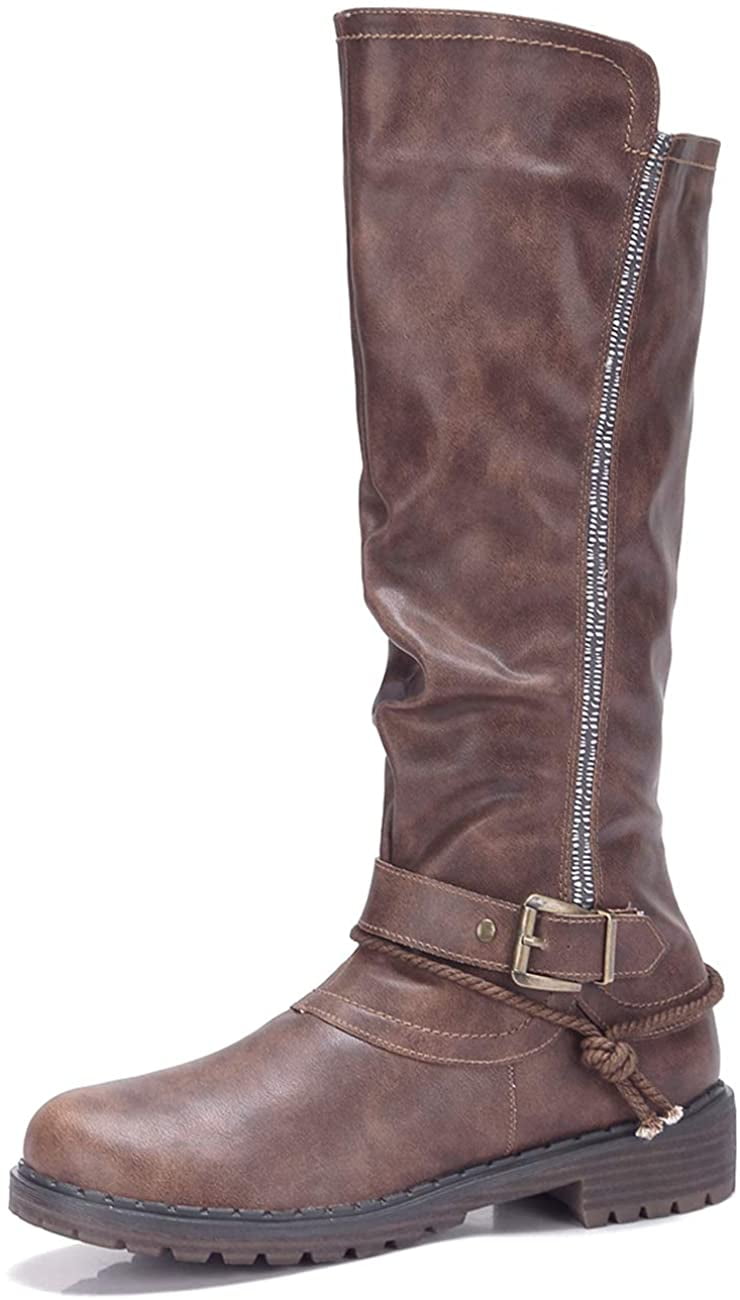 CAMEL CROWN Womens Warm Winter Boots Round Toe Leather Chunky Low Heel Faux Fur Winter Riding Boots Zipper Buckle Strap 