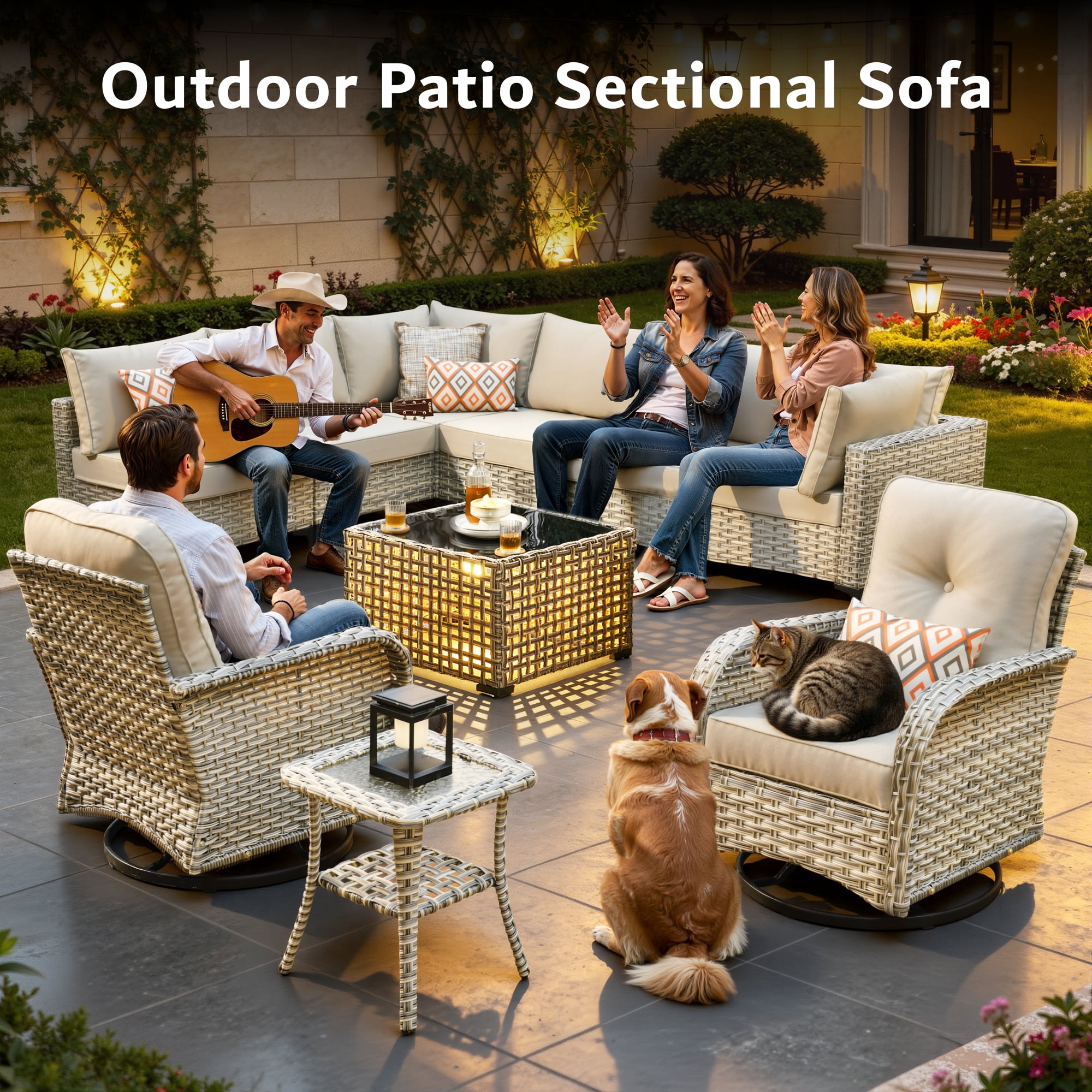 Vcatnet Outdoor Furniture 10 Pieces Patio Conversation Set All-Weather Rattan Wicker Outdoor Sectionals with Swivel Rocking Chair and Solar-Powered Coffee Table Beige