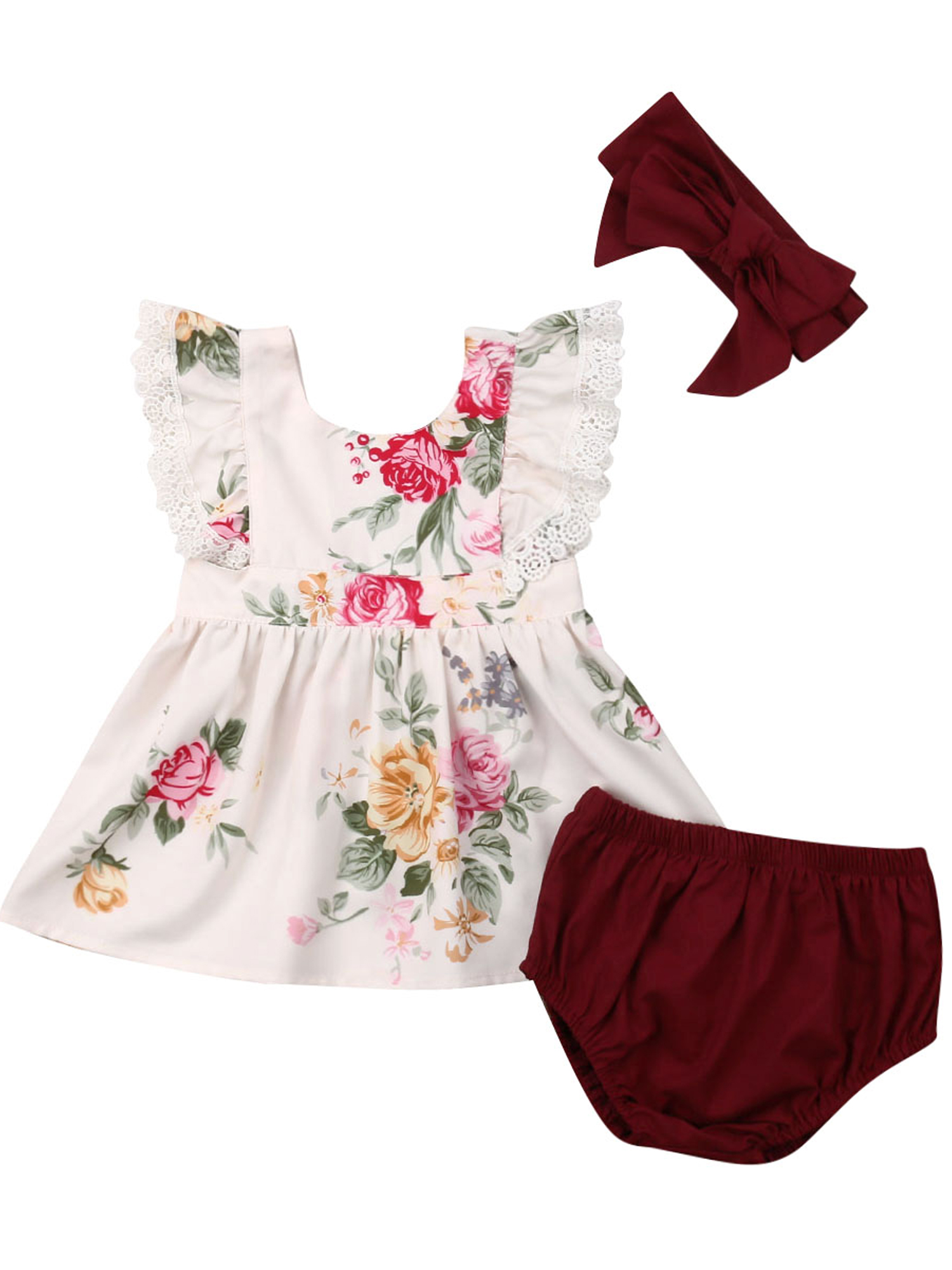 3Pcs Toddler Baby Girl Short Sets Backless Floral Dress Tops Princess