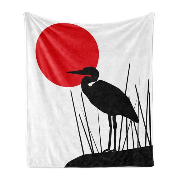 Silhouette Soft Flannel Fleece Throw Blanket, Shade of a Heron Bird Sun and Reeds on Japanese Flag Inspire, Cozy Plush for Indoor and Outdoor Use, 50" x 70", Charcoal Grey Vermilion, by Ambesonne