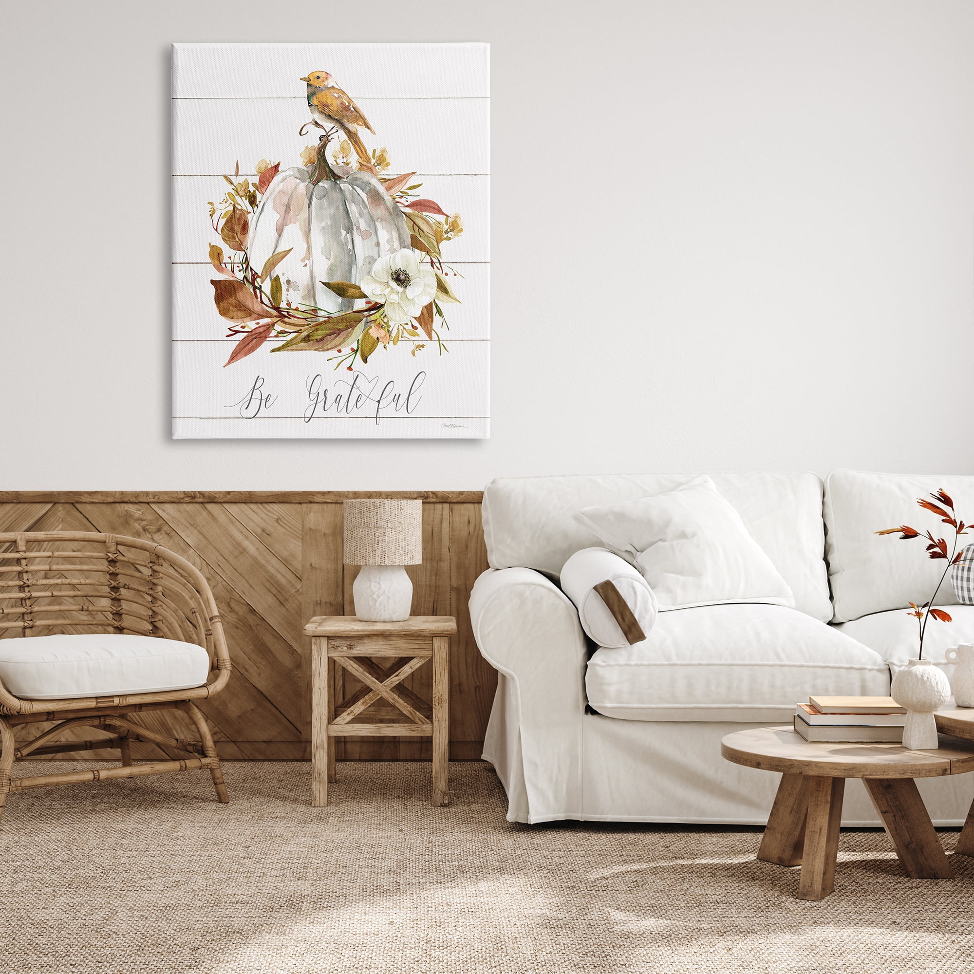 Stupell Industries Be Grateful Fall Pumpkin Botanical & Floral Painting Gallery Wrapped Canvas Art Print Wall Art, 36 x 48