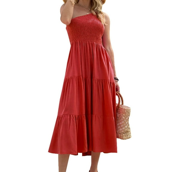 FLMEI Women's Long Dress Summer Dresses One Shoulder Sleeveless Solid Color Beach Party Tiered Midi Dress S-XL