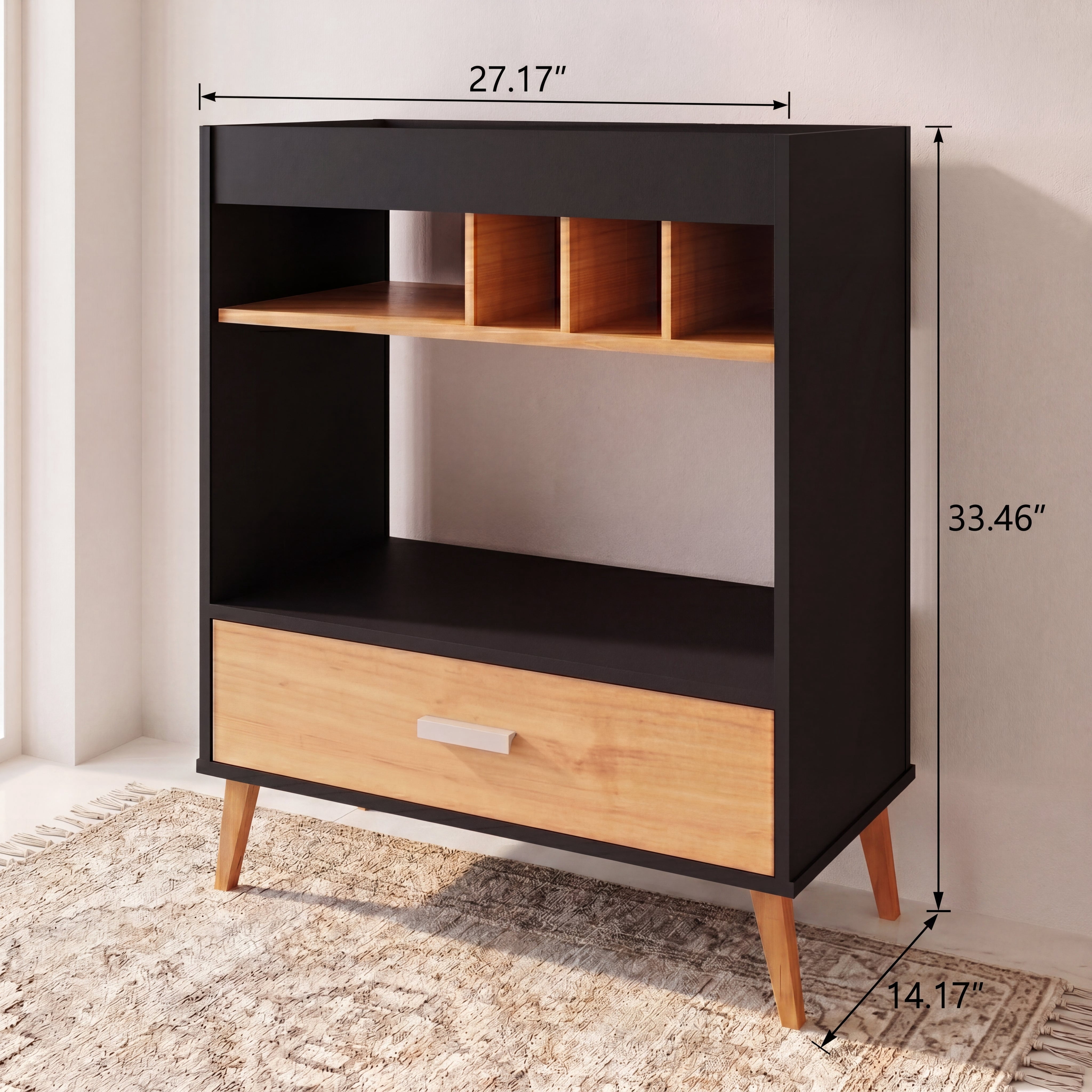 Ember Interiors Modern Bar Cabinet with Wine Rack, Drawer, Open Shelf Storage, Wooden Legs, Warm-Toned Finish,  Black Brown