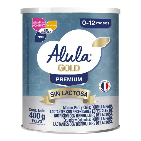 Fórmula para lactantes con necesidades especiales de nutrición con hierro, libre de lactosa. Alula Gold Premium Sin Lactosa, presentación de 400 gramos.