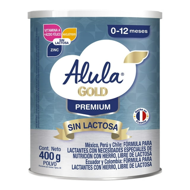 Fórmula para lactantes con necesidades especiales de nutrición con hierro, libre de lactosa. Alula Gold Premium Sin Lactosa, presentación de 400 gramos.