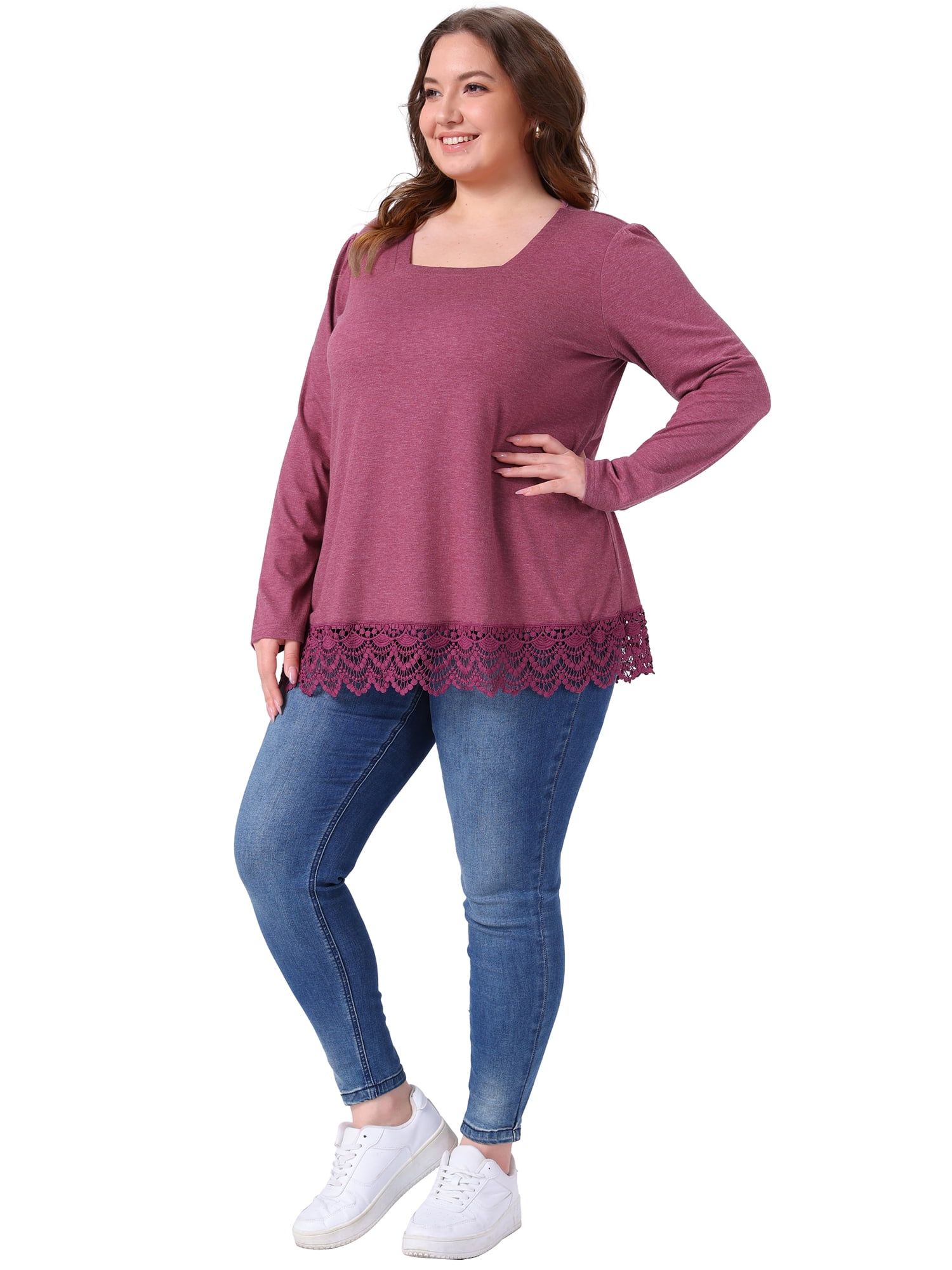 DARING DIVA  Women's Plus Square Neck Lace Hem Blouse 4X Fuchsia