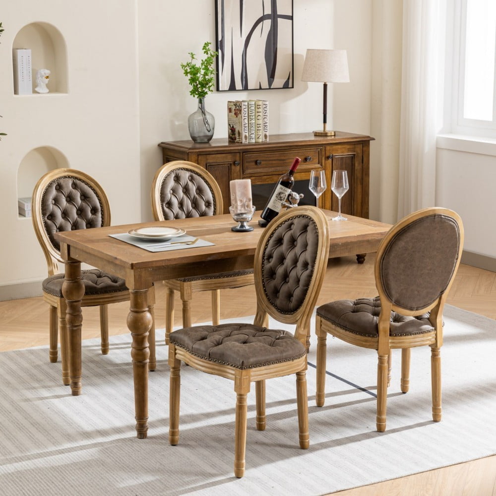 French Style Dining Chairs Set of 2, Solid Wood Upholstered Side Chairs with Tufted PU Leather, Nailhead Trim, Oval Back, Brown
