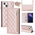 thumbnail image 1 of For Iphone 14 Grid Texture Lanyard Zipper Leather Phone Case(Rose Gold),iPhone 16 Plus, 1 of 6