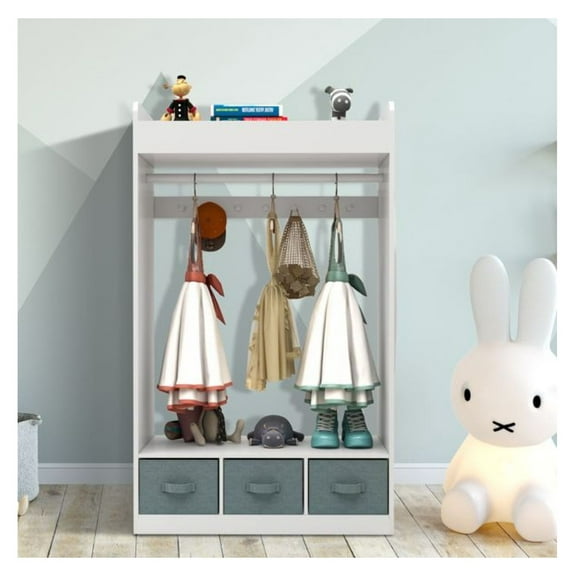 Kids Costume Organizer, Costume Rack, Kids Armoire, Open Hanging Armoire Closet with Mirror-WHITE as picture