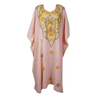 Mogul Women Peach Floral Long Kaftan Dress Embroidered Caftan 3XL