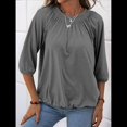 thumbnail image 4 of Camiseta de Cuello Redondo para Mujer, Blusa de Algodón de Media , Mangas 3/4, Informal, Holgada, Plisada, Básica. Gris XL, 4 of 7