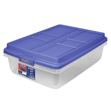 hefty 40 qt. clear storage bin with blue hi-rise lid