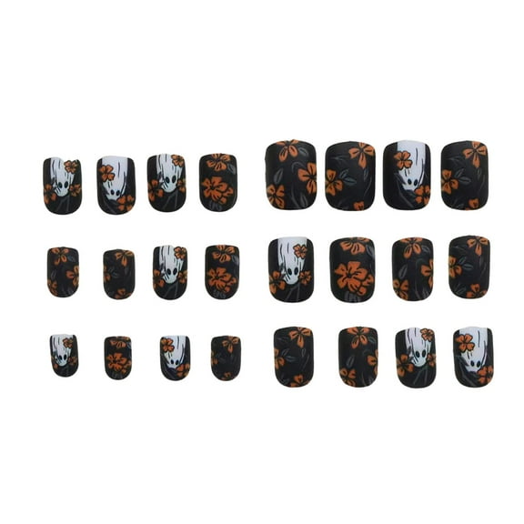 Halloween Yellow Flower Nails Short Square Nails With Cute Little Design Black Nails Full Covered Stick On Nails Halloween Glue Ladies DIY 1ml