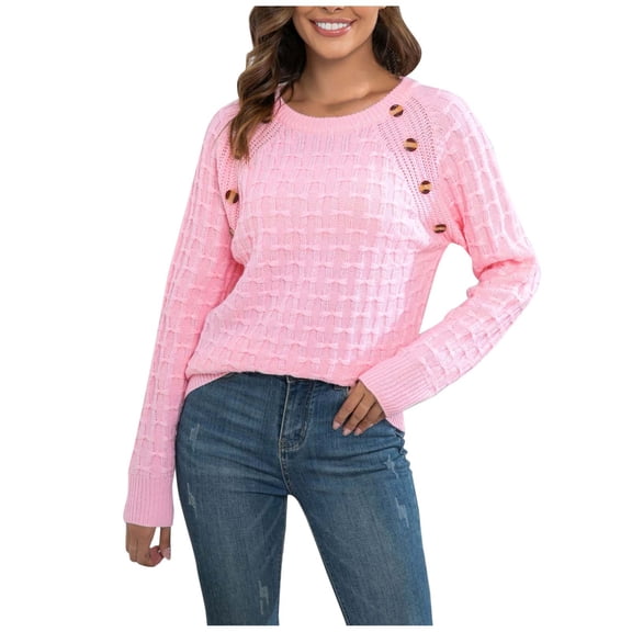 TFEOQRY Pullover Sweater for Women Casual Solid Color Button Knit Wear Long Sleeved Round Neck Sweater Top Pink